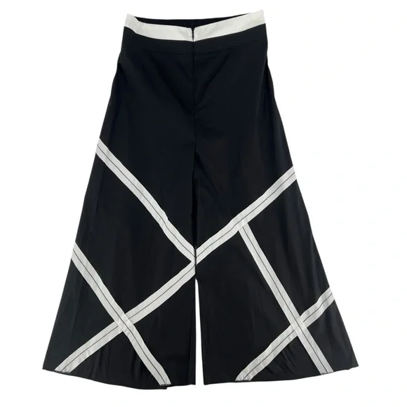 Ozai N Ku Wide Leg Pants Ribbon Appliqué Asymmetric Cutout Hem Zip Elastic Waist - Picture 2 of 16